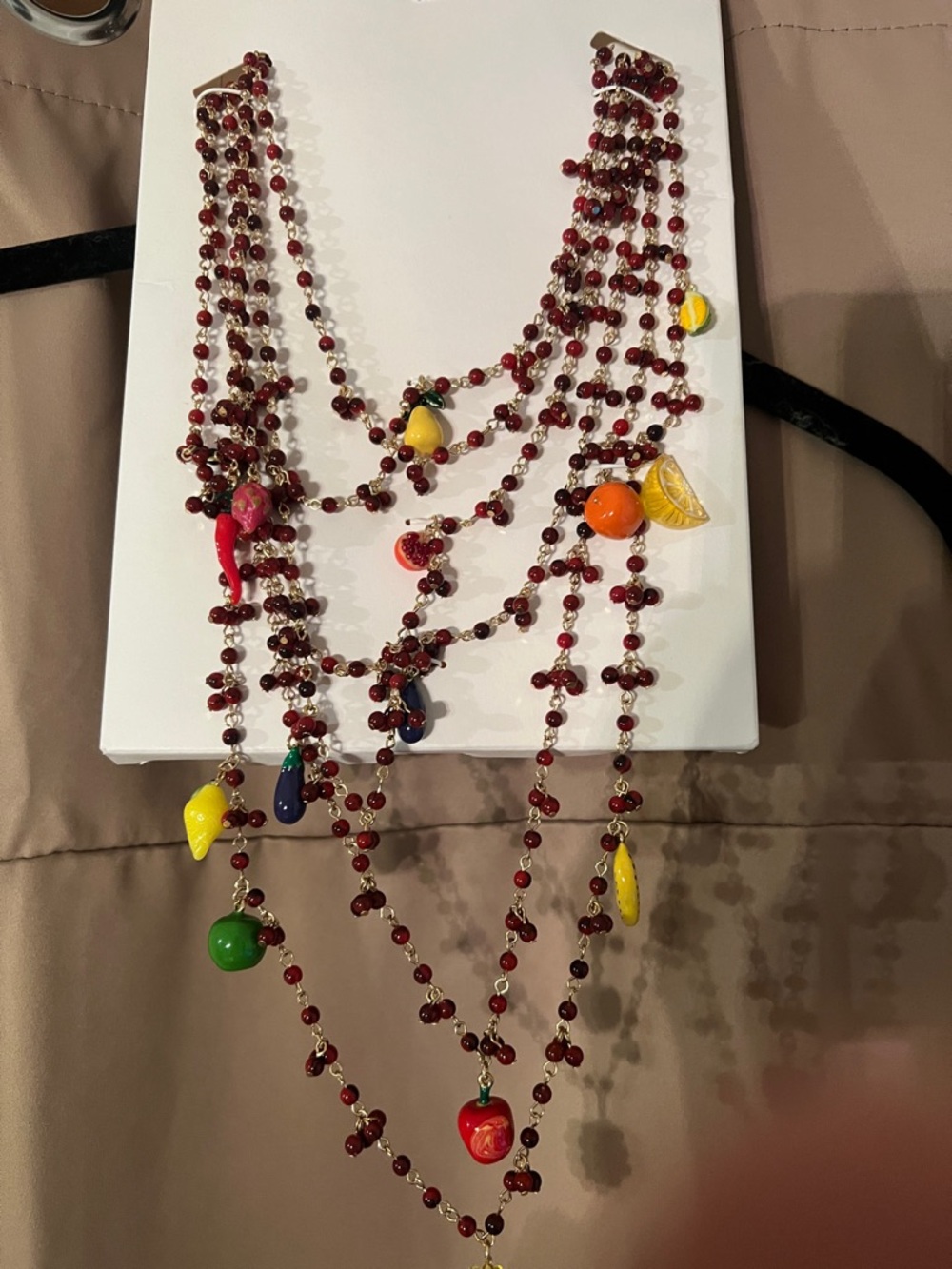 Zara Red Beaded Multi-Strand Necklace with Colorful Fruit Charms
